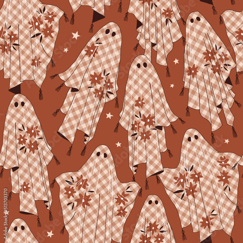 Floral spooky ghost in checkered sheet vector seamless pattern. Classic Halloween icon scary haunt background. Boho mystical spook surface design.