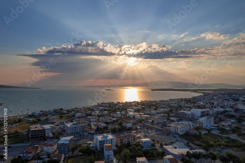 Sakran - It is a town by the sea in Izmir province. Sunset with drone. photo