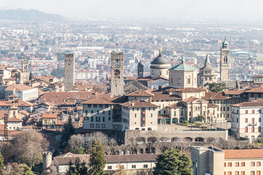 Aerial view of the historic center of Bergamo Alta