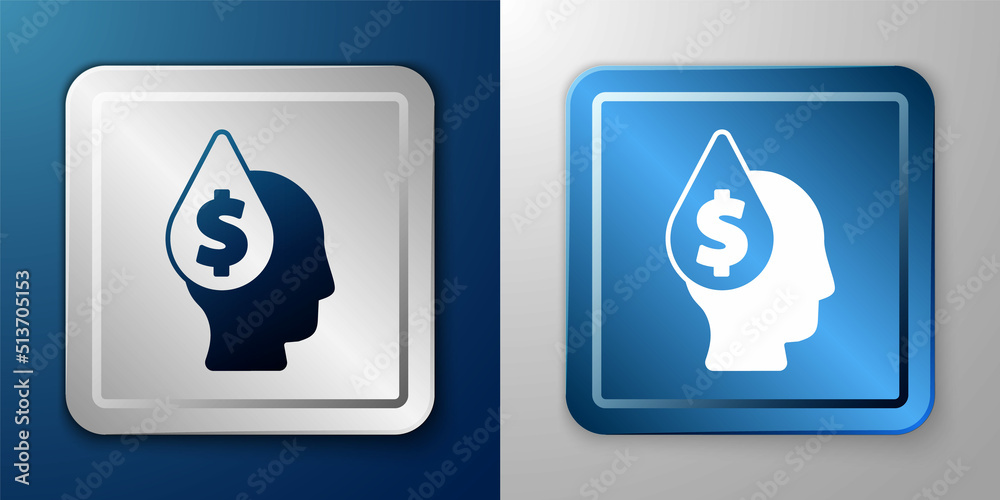 White Oil drop with dollar symbol icon isolated on blue and grey background. Oil price. Oil and petroleum industry. Silver and blue square button. Vector White Oil drop with dollar symbol icon isolated on blue and grey background. Oil price. Oil and petroleum industry. Silver and blue square button. Vector