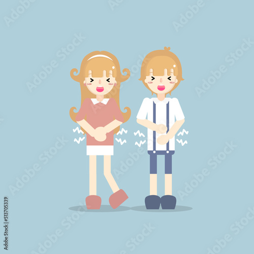 boy and girl having stomach ache, suffering from diarrhea or constipation, abdominal pain, hungry, diarrhea, poisioning, health care symptoms concept, flat character design vector illustration cartoon