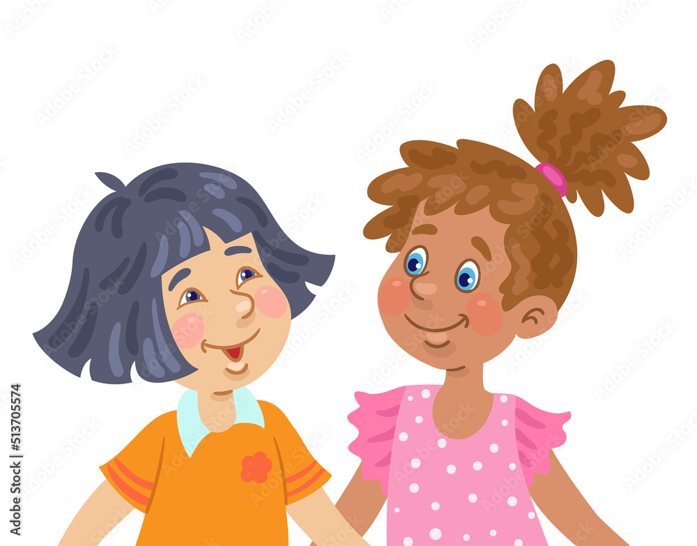 Two cute little girls of different nationalities. Portrait in cartoon style. Isolated on white background. Vector illustration. Two cute little girls of different nationalities. Portrait in cartoon style. Isolated on white background. Vector illustration.