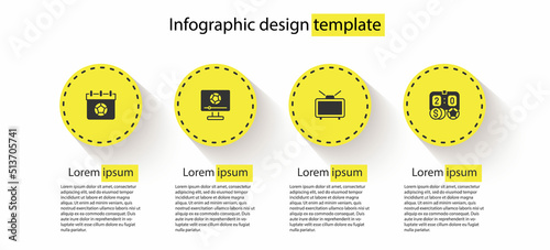 Set Football or soccer calendar, match on TV, and betting money. Business infographic template. Vector