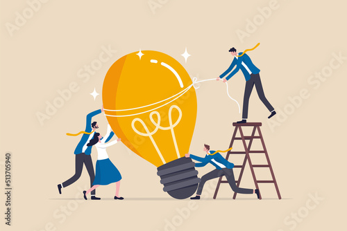 Brainstorming for new idea, teamwork collaboration for business development, innovation to get solution or creativity for business mission concept, business team people help stand the lightbulb idea.