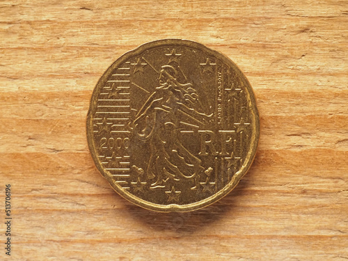 20 cents coin showing a sower, currency of France, EU