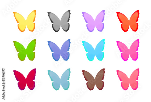 A set of beautiful 12 different colors winged butterflies.