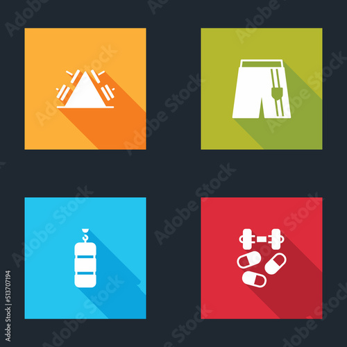 Set Metal rack with weight, Short or pants, Punching bag and Sports doping dumbbell icon. Vector