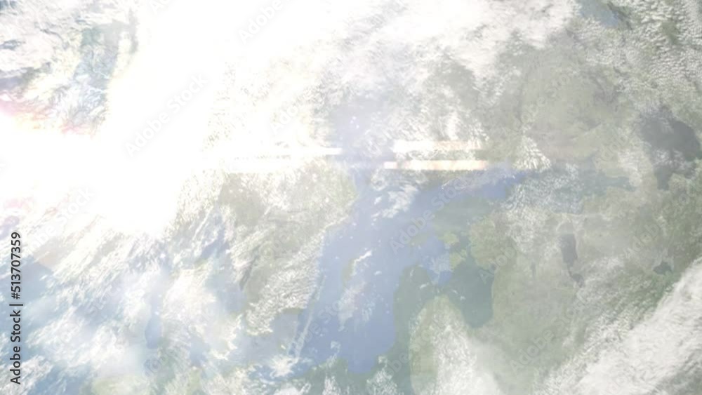 Earth zoom in from outer space to city. Zooming on Norrtalje, Sweden. The animation continues by zoom out through clouds and atmosphere into space. Images from NASA