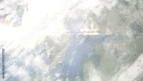 Earth zoom in from outer space to city. Zooming on Norrtalje, Sweden. The animation continues by zoom out through clouds and atmosphere into space. Images from NASA photo