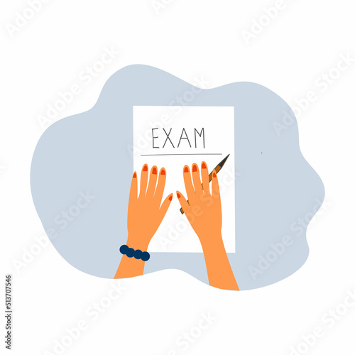 Study and exams. A young girl is taking an exam or tests. Vector illustration.