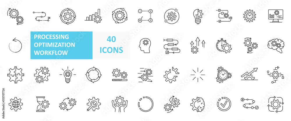 Set of Processing Optimization Workflow Related Vector Line Icons. Simple line art style icons pack. Vector illustration - obrazy, fototapety, plakaty 