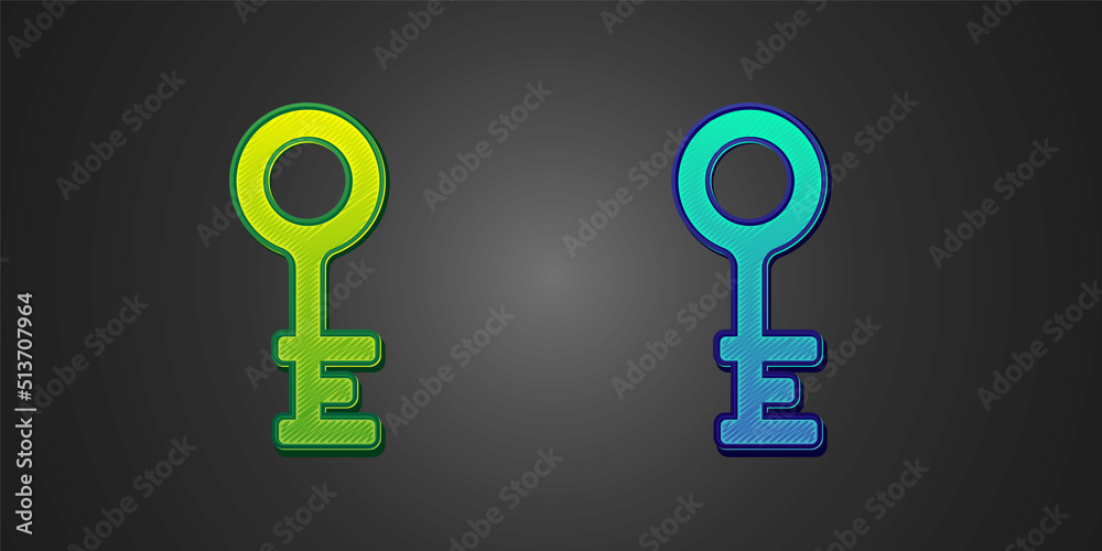 Green and blue Old key icon isolated on black background. Vector Green and blue Old key icon isolated on black background. Vector