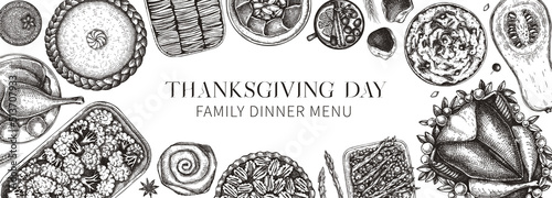 Thanksgiving dinner banner. Fall food and drinks trendy frame design. Sketched roasted turkey, cooked vegetables, baked goods, desserts sketches. Vintage autumn food template. Thanksgiving table