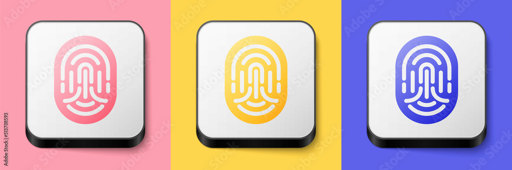 Isometric Fingerprint icon isolated on pink, yellow and blue background. ID app icon. Identification sign. Touch id. Square button. Vector Isometric Fingerprint icon isolated on pink, yellow and blue background. ID app icon. Identification sign. Touch id. Square button. Vector