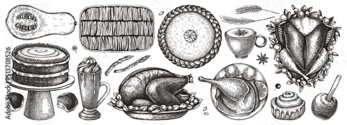 Thanksgiving dinner illustrations. Traditional fall festival food - roasted turkey, cooked vegetables, desserts, cakes, drinks sketches. Sketched autumn food set. Thanksgiving table design elements