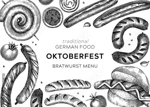 Grilled sausage frame. Hand-drawn fast food illustration. Barbeque party sketched banner. Black and white German food sketches. Oktoberfest background. For picnic, delivery, bar or restaurant design photo