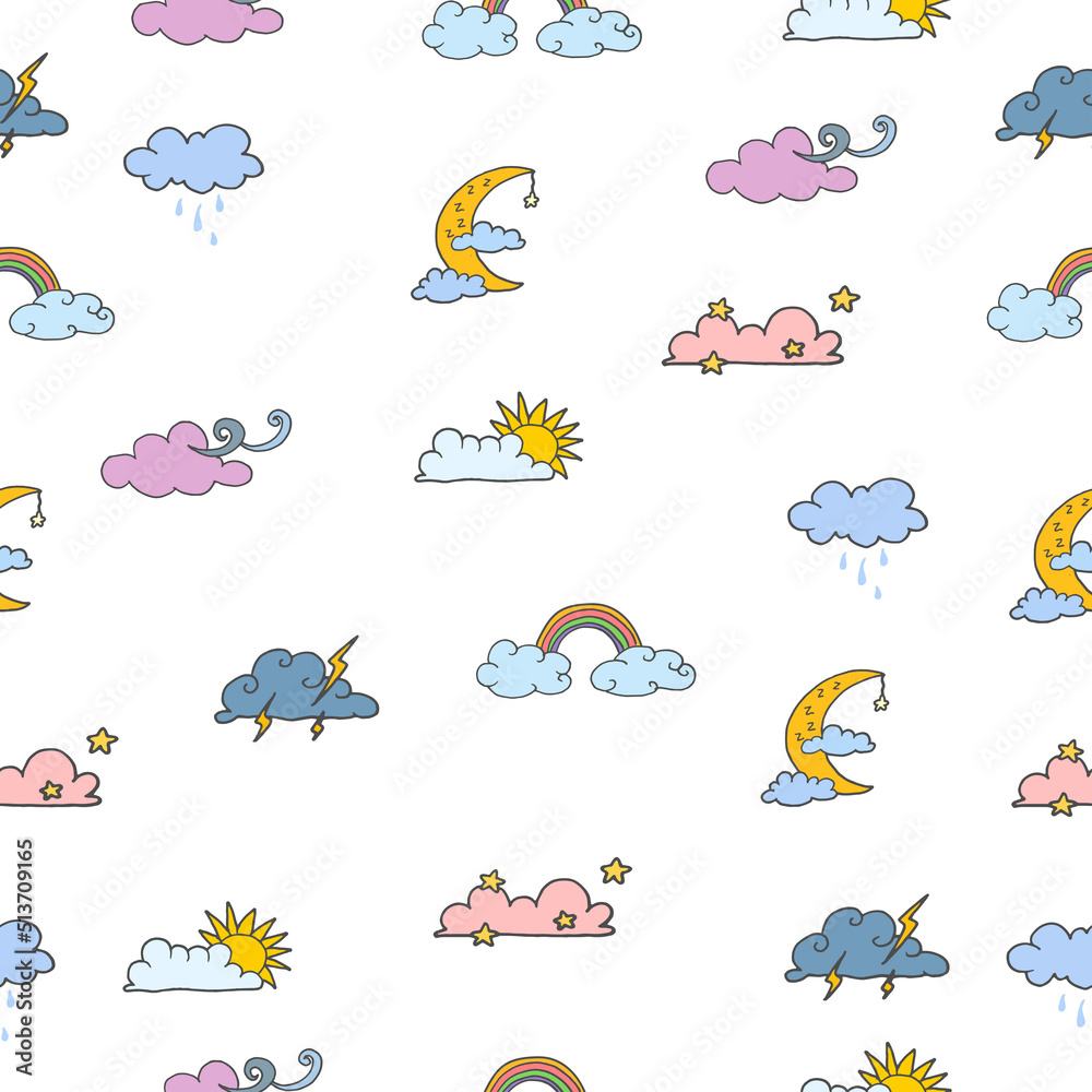 seamless pattern with set of weather icon. hand drawn vector. cute cloud with star, moon, sun, lightning, rainbow and wind illustration. small shape. wallpaper, wrapping paper, fabric, kids fashion. seamless pattern with set of weather icon. hand drawn vector. cute cloud with star, moon, sun, lightning, rainbow and wind illustration. small shape. wallpaper, wrapping paper, fabric, kids fashion.