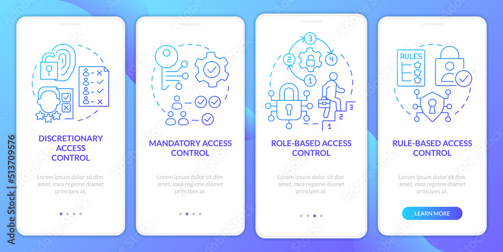Types of access control blue gradient onboarding mobile app screen. Identity walkthrough 4 steps graphic instructions with linear concepts. UI, UX, GUI template. Myriad Pro-Bold, Regular fonts used