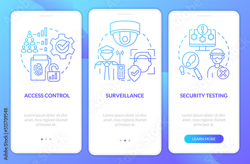 Physical security parts blue gradient onboarding mobile app screen. Protection walkthrough 3 steps graphic instructions with linear concepts. UI, UX, GUI template. Myriad Pro-Bold, Regular fonts used