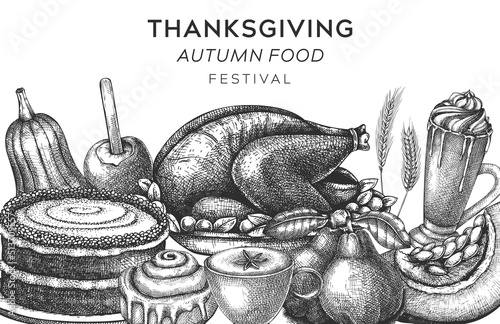 Thanksgiving food banner design. Traditional holiday meals - roasted turkey, cooked vegetables, rolled meat, baking cakes, pies sketches. Vintage autumn food template. Vector Thanksgiving background.