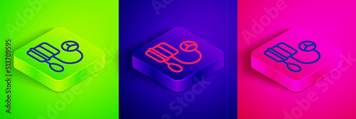 Isometric line Blood pressure icon isolated on green, blue and pink background. Square button. Vector
