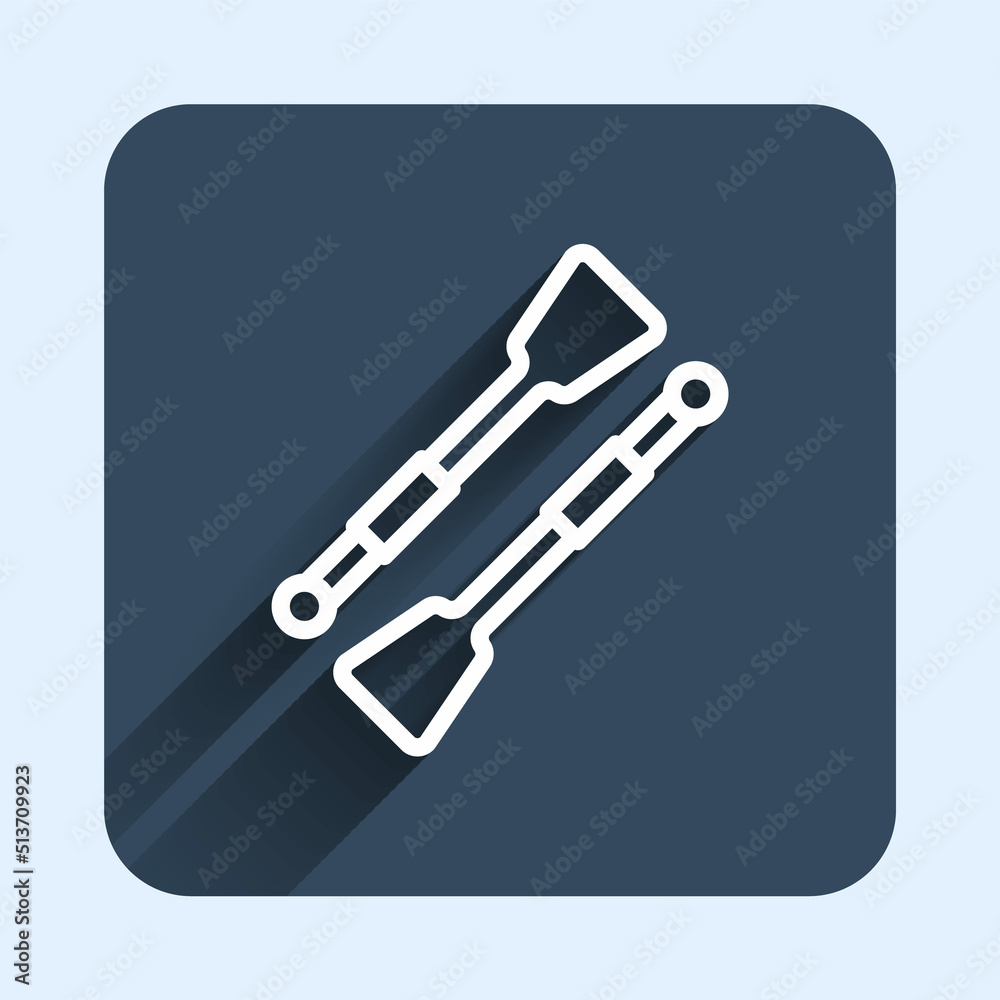 White line Oars or paddles boat icon isolated with long shadow background. Blue square button. Vector White line Oars or paddles boat icon isolated with long shadow background. Blue square button. Vector