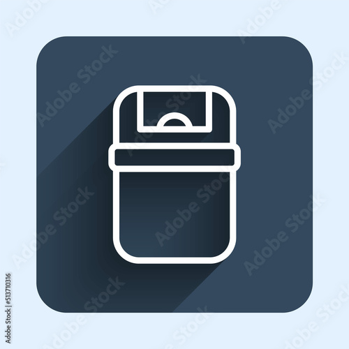 White line Trash can icon isolated with long shadow background. Garbage bin sign. Recycle basket icon. Office trash icon. Blue square button. Vector