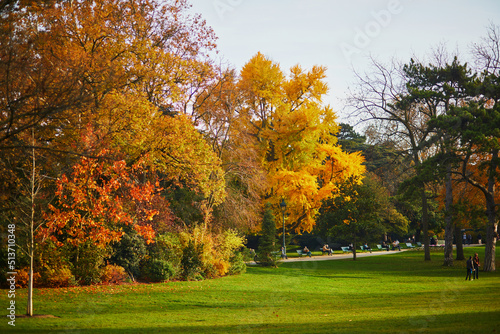 Scenic view of beautiful Montsouris park in Paris, France on bright fall day in November
