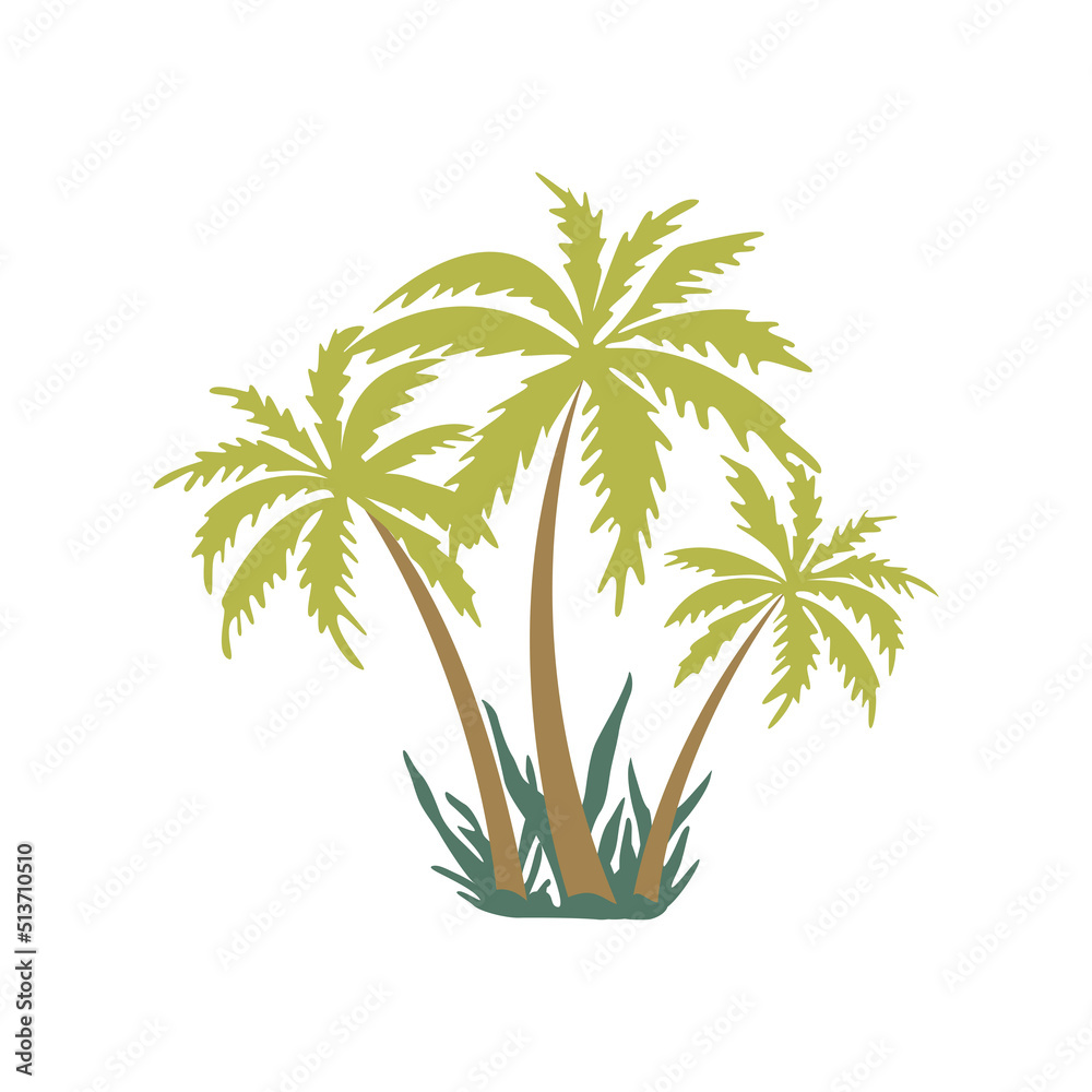 Obraz premium Three palm trees on the island. Green bushes around. Hot summer season, tropics. Time for rest and relaxation. Colorful vector isolated illustration hand drawn print or poster