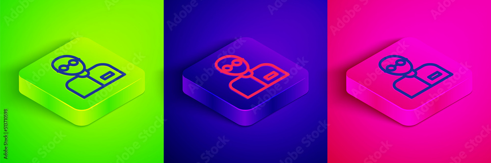 Isometric line Teacher icon isolated on green, blue and pink background. Square button. Vector Isometric line Teacher icon isolated on green, blue and pink background. Square button. Vector
