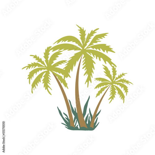 Three palm trees on the island. Green bushes around. Hot summer season  tropics. Time for rest and relaxation. Colorful vector isolated illustration hand drawn print or poster