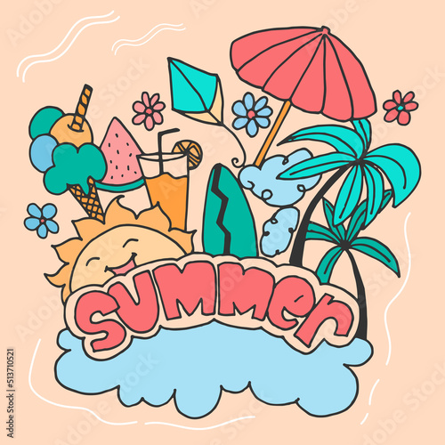 summer-hand drawn lettering. summer background. cute poster and flyer for summer holiday. pastel color  pink  blue and orange colors. hand drawn vector. palm tree  flower  umbrella  kite  sun icecream