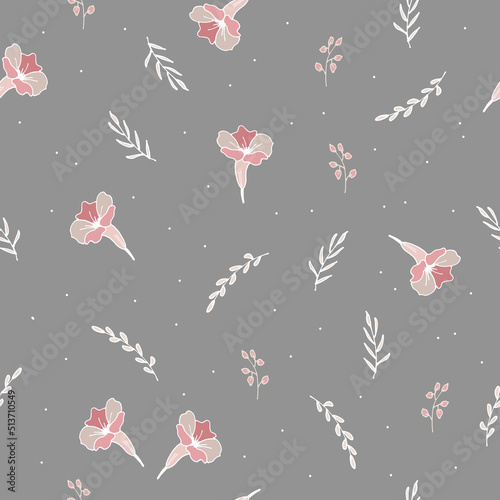 seamless pattern with beautiful flower and leaf illustration on gray background. hand drawn vector. vintage floral background. batik motif. wallpaper, fabric, textile, wrapping paper, backdrop. 