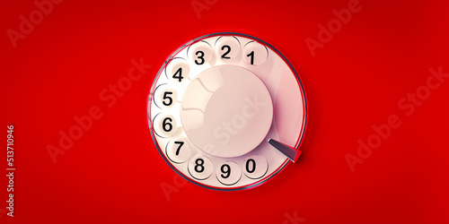 Rotary dialer with red background, retro and vintage, 3d render illustration