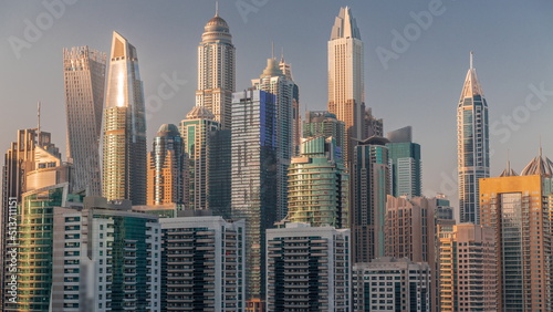 Dubai marina tallest block of skyscrapers timelapse.