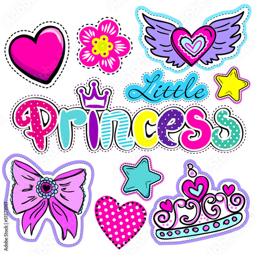 Set of cute stickers with hearts, love, crown, star, flower and other elements for princess girl, Girlish elements in bright colors isolated on white background. Fashion patch in cartoon style.