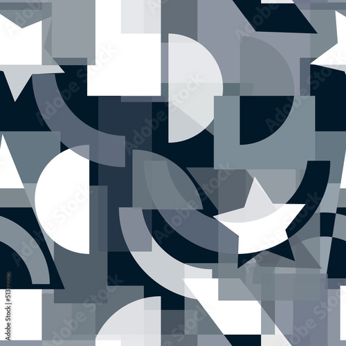 Abstract black and white seamless pattern. Urban style modern background with geometric elements, words, letters and stars. Modern creative wallpaper