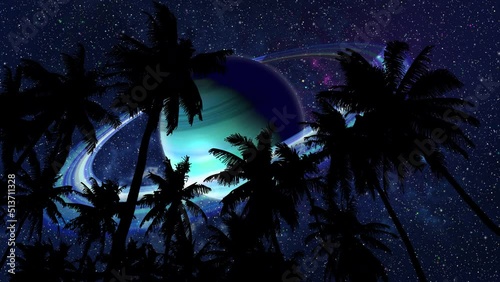 Bottom view of silhouettes of palm trees with leaves moving in the wind, against the backdrop of a night sky with a myriad of sparkling stars and the large mother planet of the gas giant with rings. photo