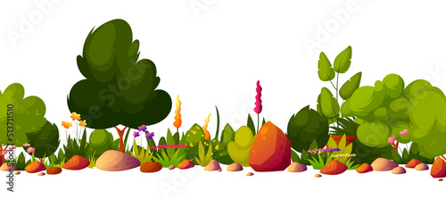 Garden landscape architecture with a flowering flower bed, green trees, bushes, grass, stones. Natural flowerbed in blossom, backyard with decorative bushes. Vector illustration