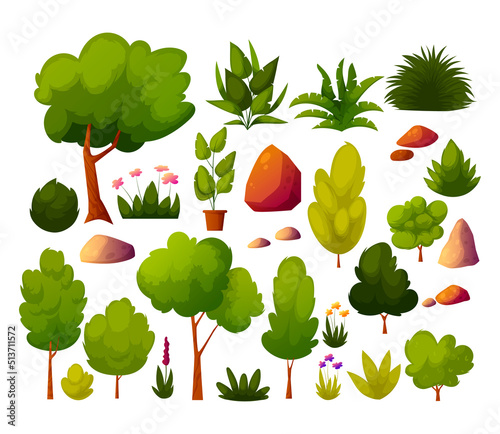 Set of green trees, bushes, grass, stones, blooming flower for landscaping the landscape of garden architecture, backyard, outdoors lawn. Collection with decorative bushes. Vector illustration