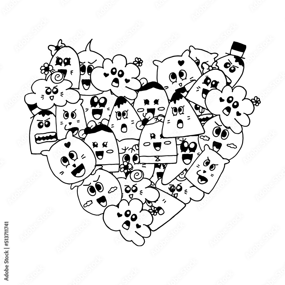 cute doodle monster illustration isolated on white background. heart shape. hand drawn vector. funny expression. doodle art for logo, label, sticker, clipart, poster, banner, cover, coloring book. cute doodle monster illustration isolated on white background. heart shape. hand drawn vector. funny expression. doodle art for logo, label, sticker, clipart, poster, banner, cover, coloring book.