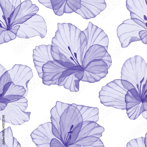 Hibiscus flowers seamless pattern. Transparent watercolor tropical flowers. Spring Translucent floral background. Exotic flowers botanical illustration