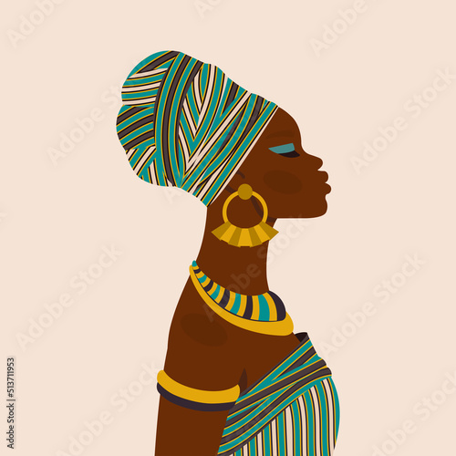 African beautiful woman. Female ethnicity character in national dress, ornaments, turban.  Portrait art. Young African American girl for avatar, card, fashion, beauty. Vector cartoon flat Illustration