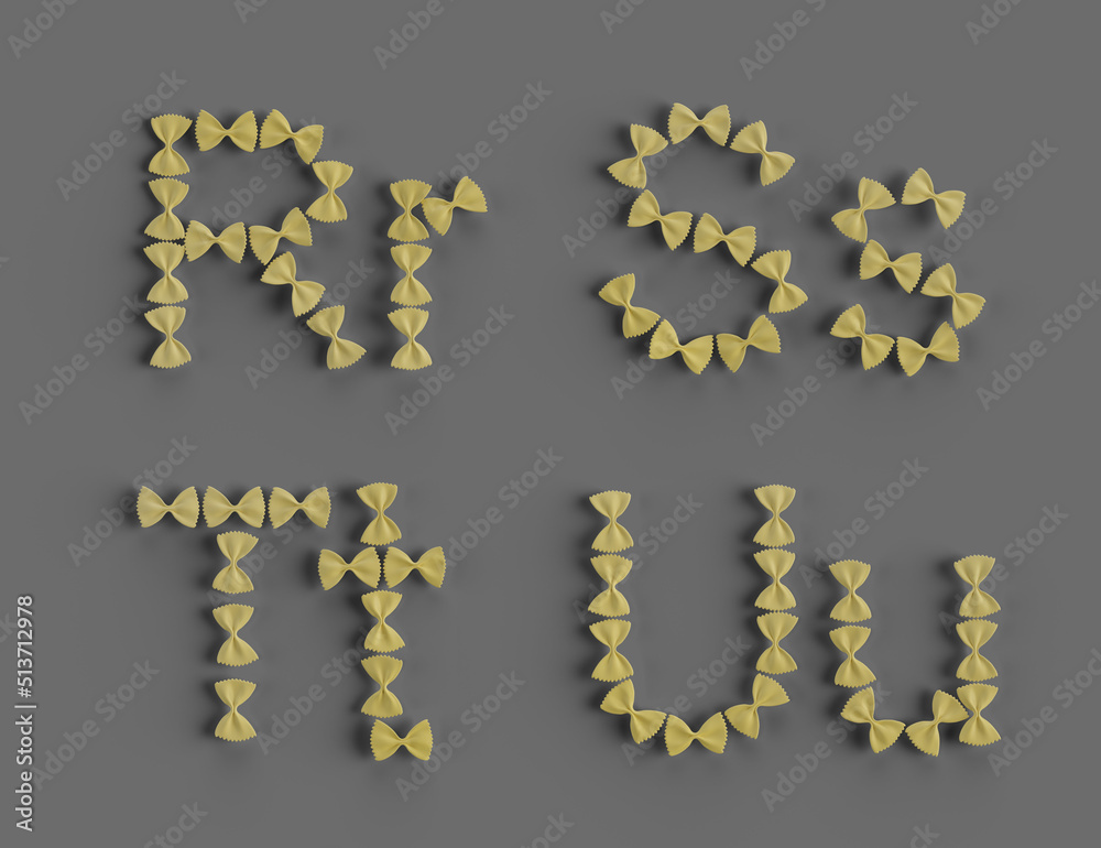3d rendering of letters laid out from farfalle pasta