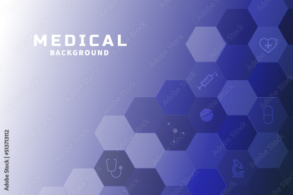 Blue background with medical theme, with honeycombs and icons for medicine and inscription Blue background with medical theme, with honeycombs and icons for medicine and inscription