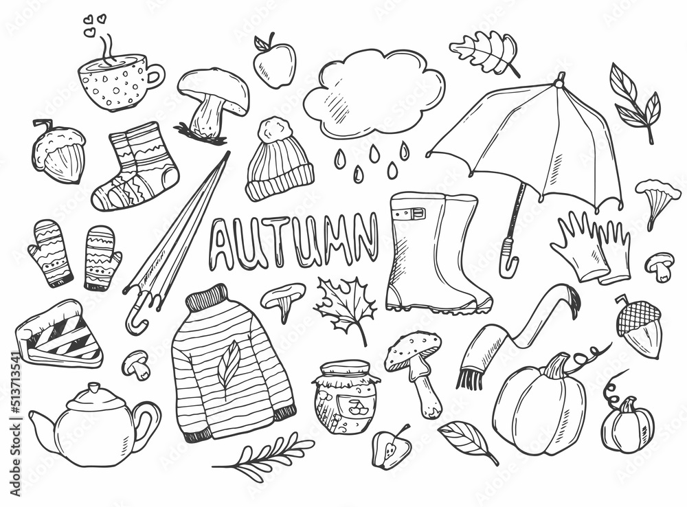 Obraz premium Autumn doodles. Hand drawn set of sketches: rubber boots,cloud, book, cup of tea, sweater, umbrella, pie, apple, mushrooms, leaves, flowers etc. Isolated objects on white background