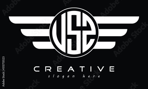 USZ three letter circle with wings logo design vector template. wordmark logo | emblem logo | monogram logo | initial letter logo | typography logo | business logo | minimalist logo | photo