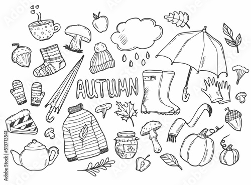 Autumn doodles. Hand drawn set of sketches: rubber boots,cloud, book, cup of tea, sweater, umbrella, pie, apple, mushrooms, leaves, flowers etc. Isolated objects on white background