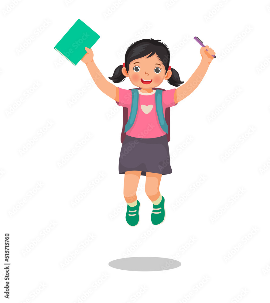 Happy little girl student with backpack holding book and pen jumping feeling excited to be back to school