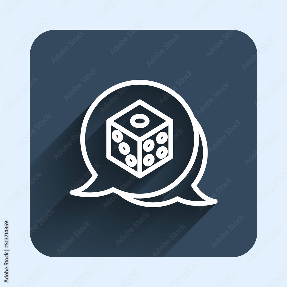 White line Game dice icon isolated with long shadow background. Casino gambling. Blue square button. Vector White line Game dice icon isolated with long shadow background. Casino gambling. Blue square button. Vector